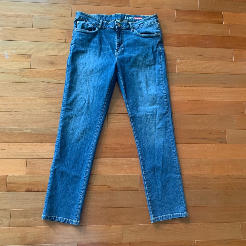 IZOD Mens 38x32 Comfort Slim Straight‎ Fit Jeans Sidecar Blue Stretch Denim